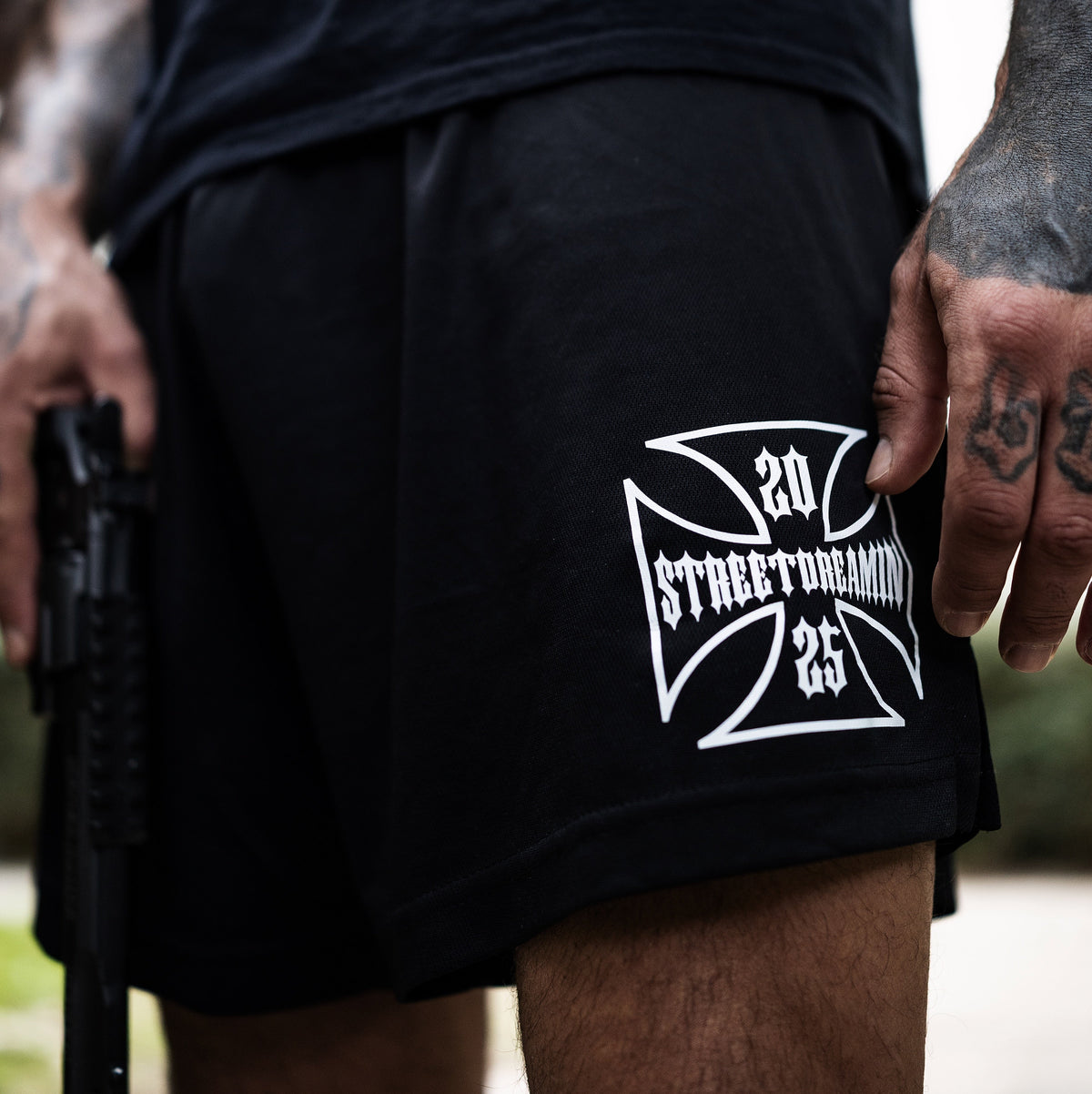 1ST Iron Cross Mesh Shorts | 80G/M2 | 100% POLYESTER | BLACK/BLUE